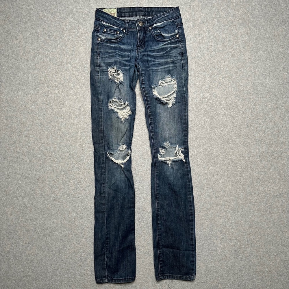 Machine Jeans Nouvelle Mode Distressed Skinny Jeans Dark Wash Low Rise Size 25
